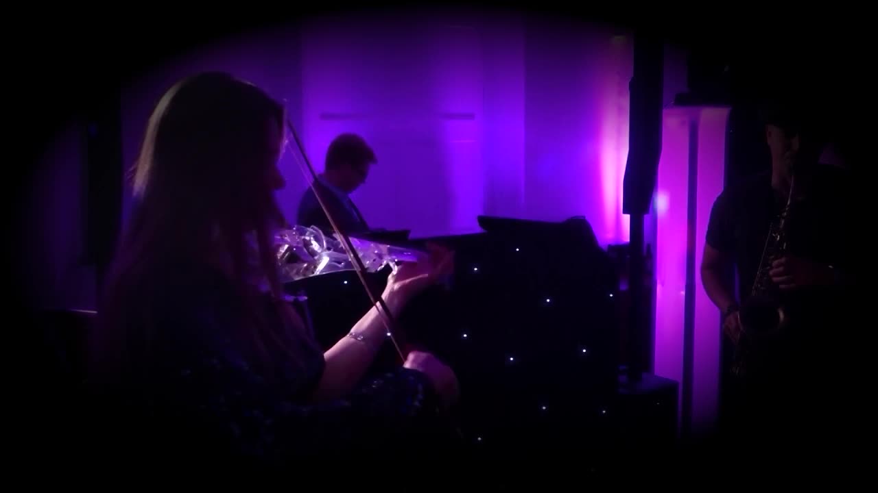Electric violinist performing with a live ensemble in a purple-lit venue.